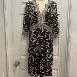 TORY BURCH Brown Banana Leaf Print V-Neck Empire Silk Sheath Dress - Small-EUC